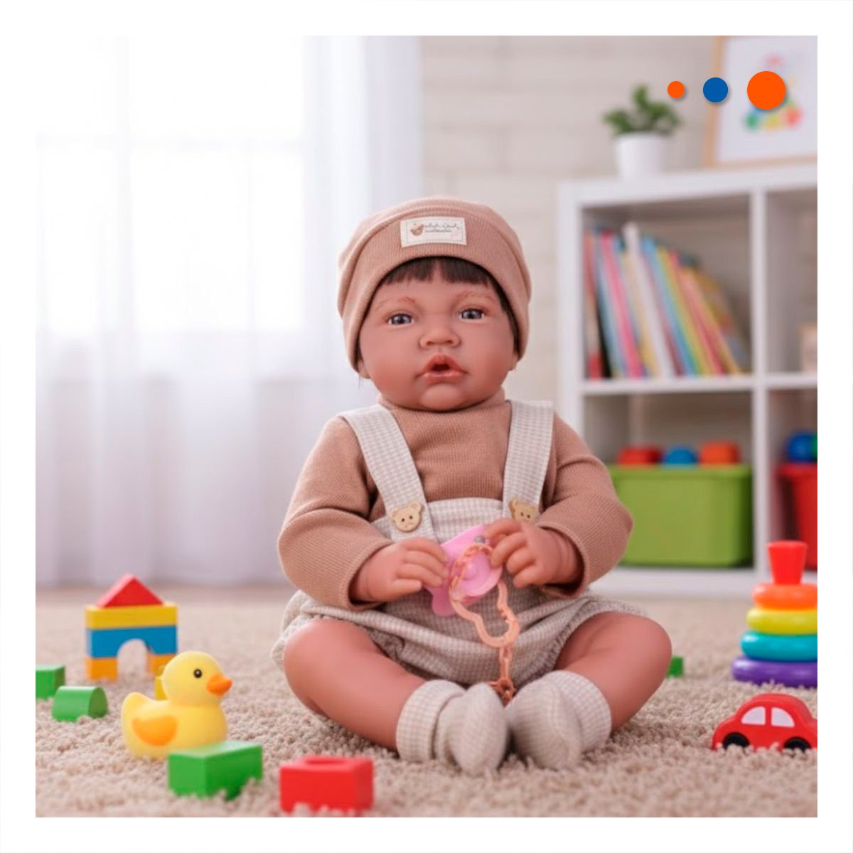 BEBE INFANTIL 42CM CON OVEROL SHORT POLO Y GORRO MARRON PARA JUEGO - 2