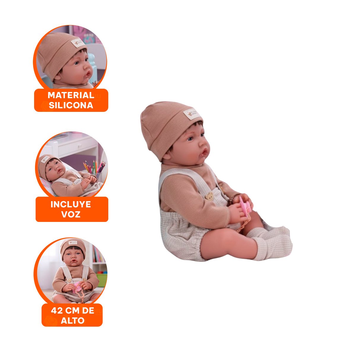 BEBE INFANTIL 42CM CON OVEROL SHORT POLO Y GORRO MARRON PARA JUEGO - 3