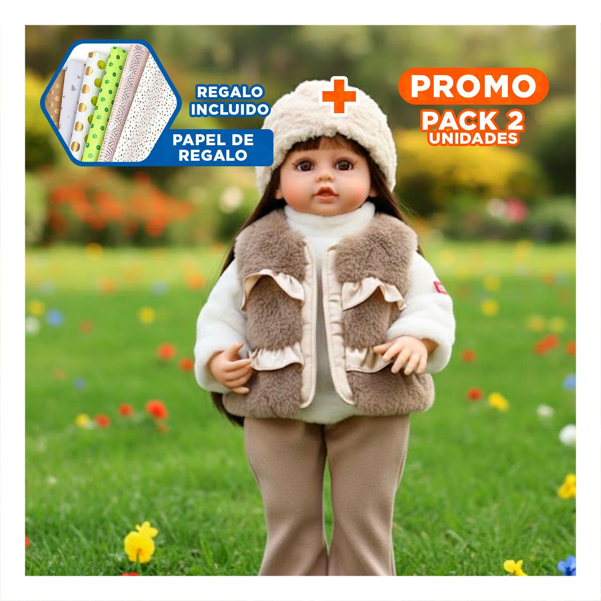 PACK2 VERSION YESSY 55CM PARA JUEGO DIARIO CON CHOMPA Y PANTALON MARRON Y+PAPEL REGALO - 1