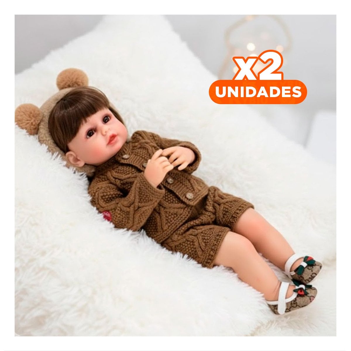 PACK2 DOLL YESSY CON CONJUNTO TEJIDO MARRON ESTILO CLASICO NINA 55CM Y+REGALO STICKER - 1