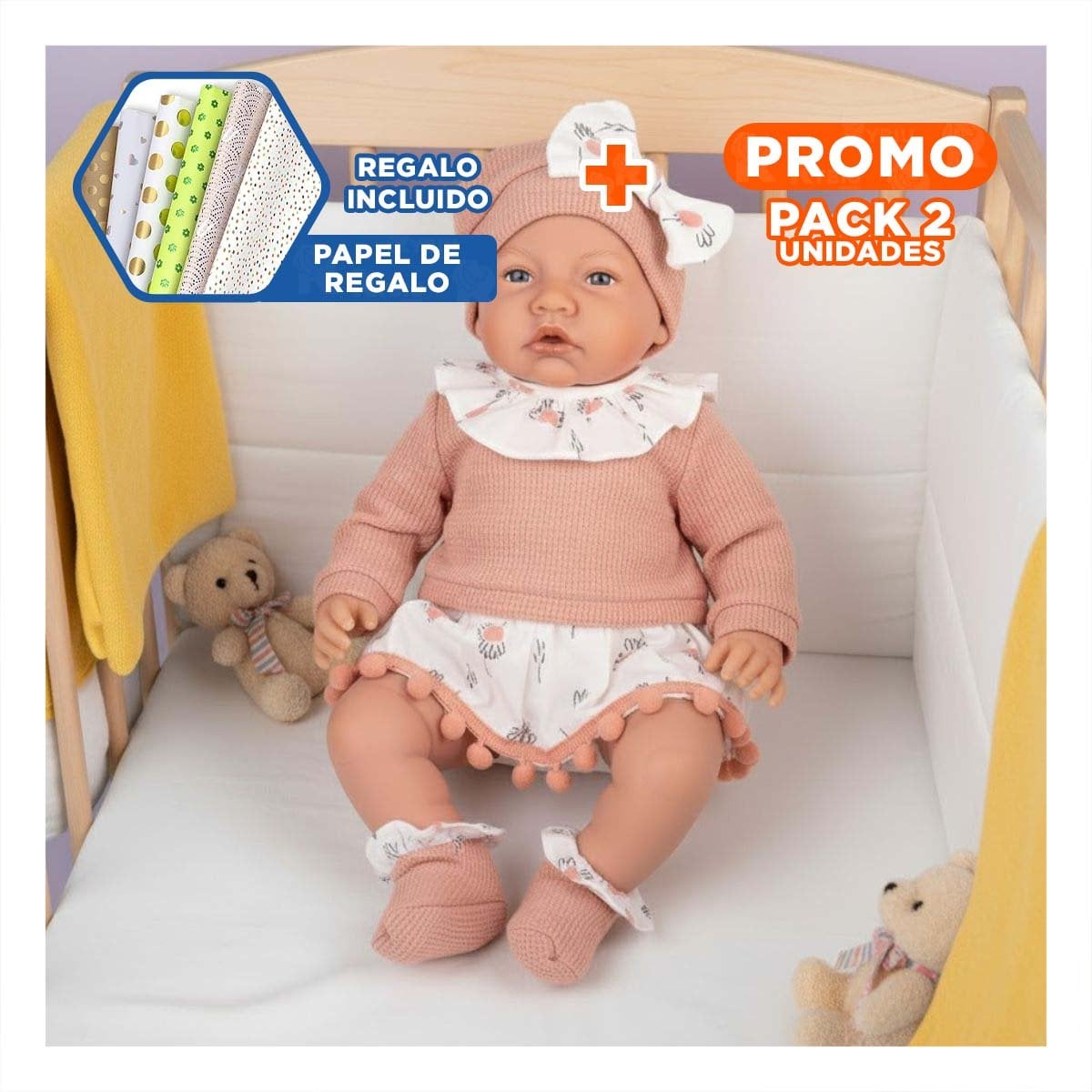 PACK2 FIGURA DE COMPANIA KIKI BABY 42CM ROPA ROSADO POLO SHORT Y GORRO Y+PAPEL REGALO - 1