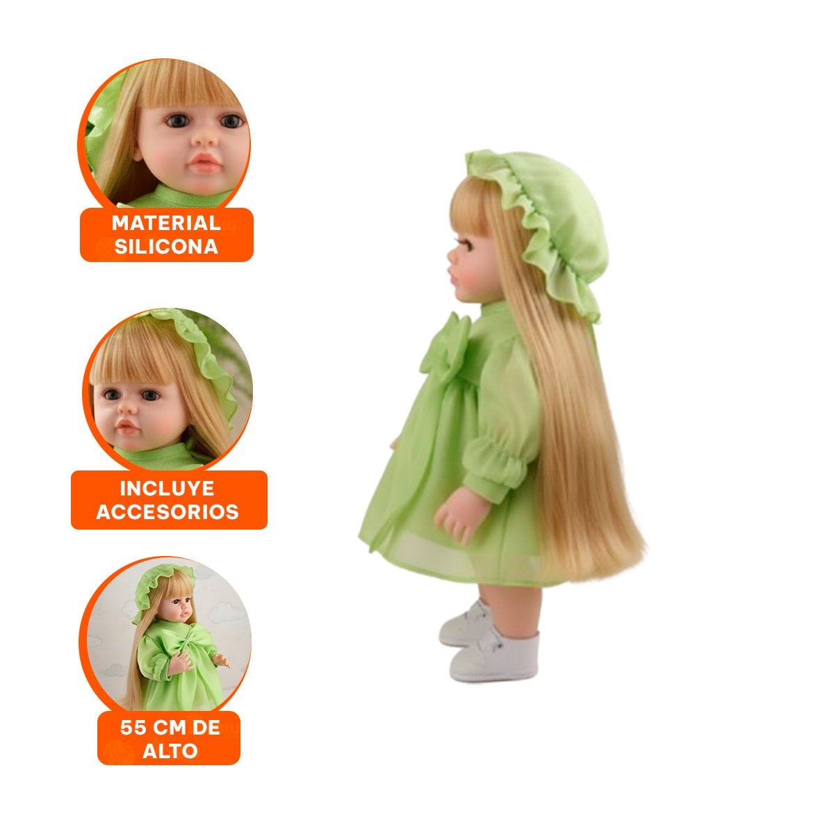 MODELO REAL INTELIGENTE CON VESTIDO LAZO Y GORRO DE TULL VERDE 55CM - 3