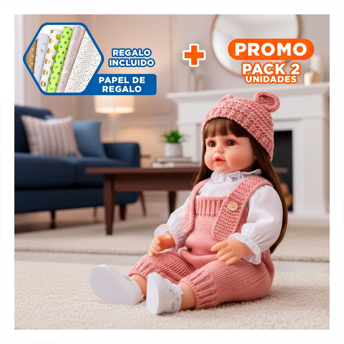 PACK2 NENA YESSY CON ROPA TEJIDA Y GORRO OREJITAS ROSADO DE 55CM ESTILO INFANTIL Y+PAPEL REGALO - 1