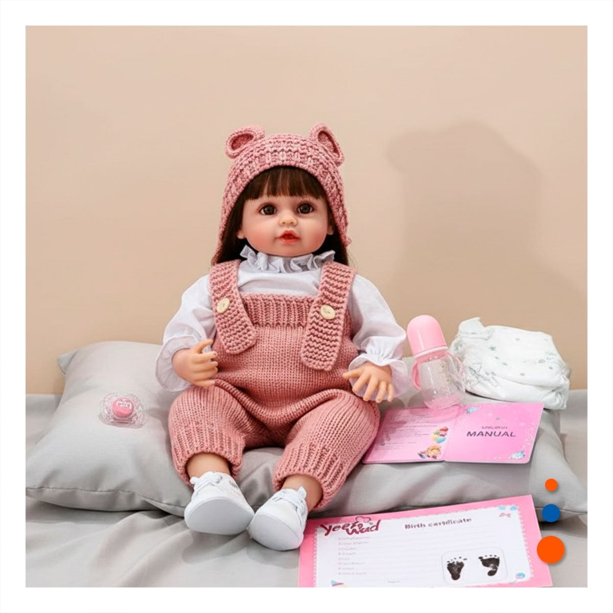 PACK2 NENA YESSY CON ROPA TEJIDA Y GORRO OREJITAS ROSADO DE 55CM ESTILO INFANTIL Y+PAPEL REGALO - 2
