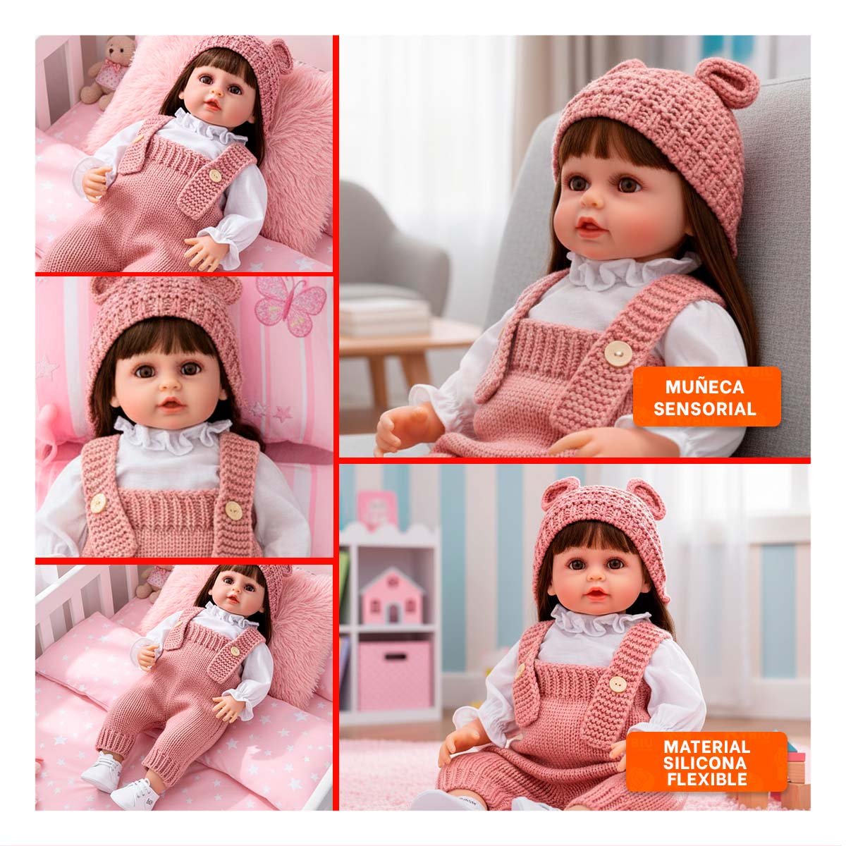 PACK2 NENA YESSY CON ROPA TEJIDA Y GORRO OREJITAS ROSADO DE 55CM ESTILO INFANTIL Y+PAPEL REGALO - 3