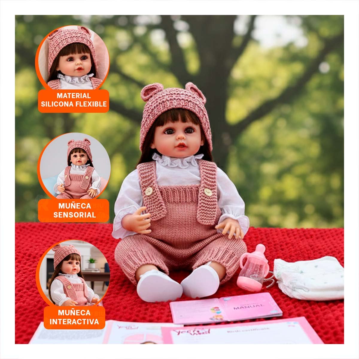 PACK2 NENA YESSY CON ROPA TEJIDA Y GORRO OREJITAS ROSADO DE 55CM ESTILO INFANTIL Y+PAPEL REGALO - 5