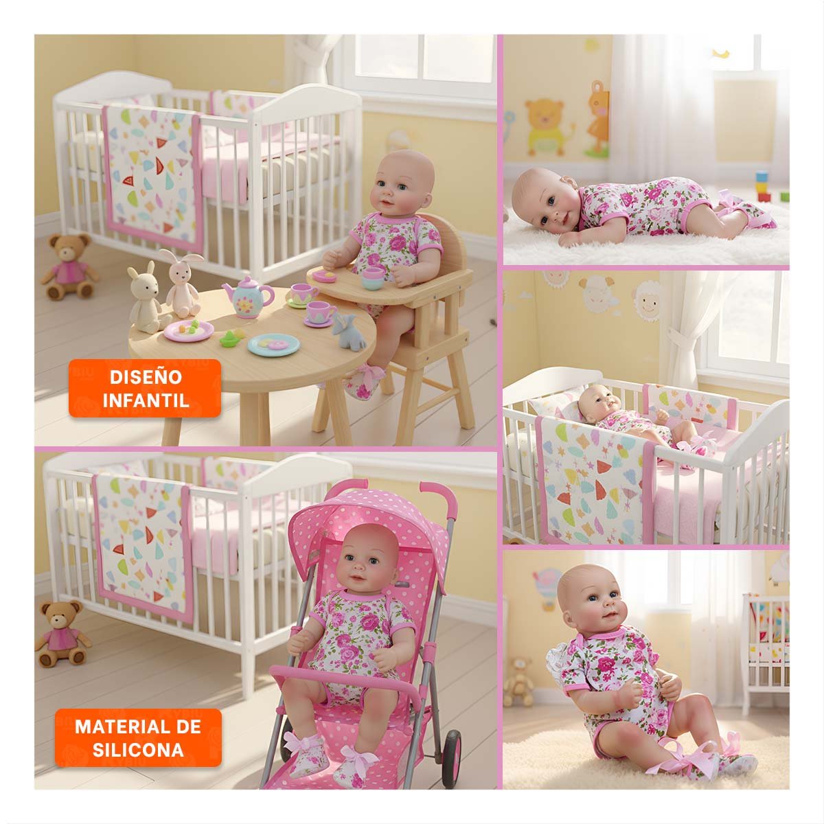 MODELO INFANTIL REALISTA CON VESTIDO ROSADO VUELOS Y VINCHA PUNTITOS ACABADO TEXTIL Y+POST IT - 5