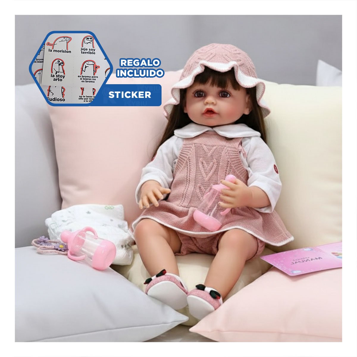 TOP TEJIDO PARA BEBE EN ROSADO CON SHORT Y GORRO COMODO Y+REGALO STICKER - 1
