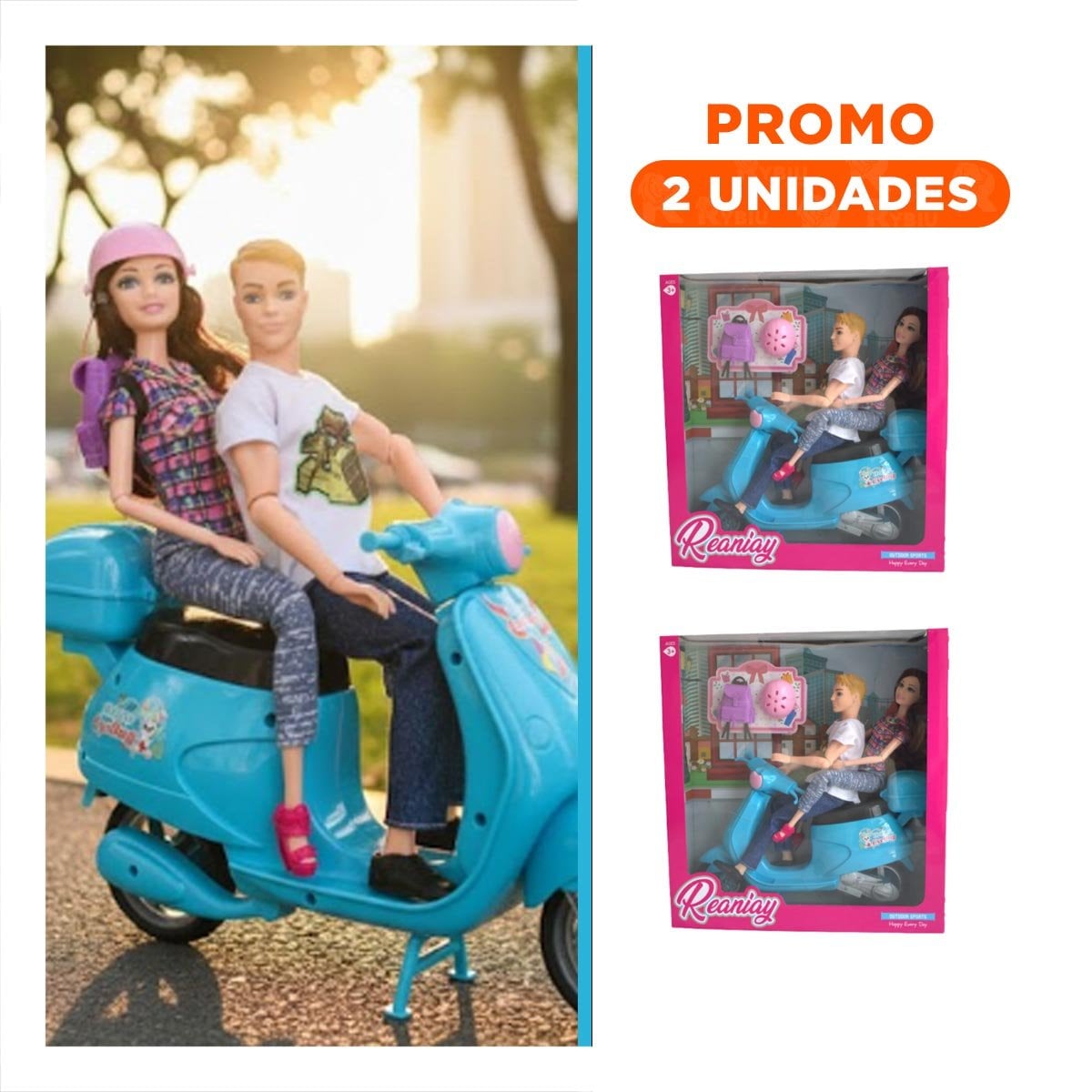 PACK2 CREACIONES DECORATIVAS PAREJA EN MOTO CON MOCHILA Y CASCO CELESTE REGALO - 1
