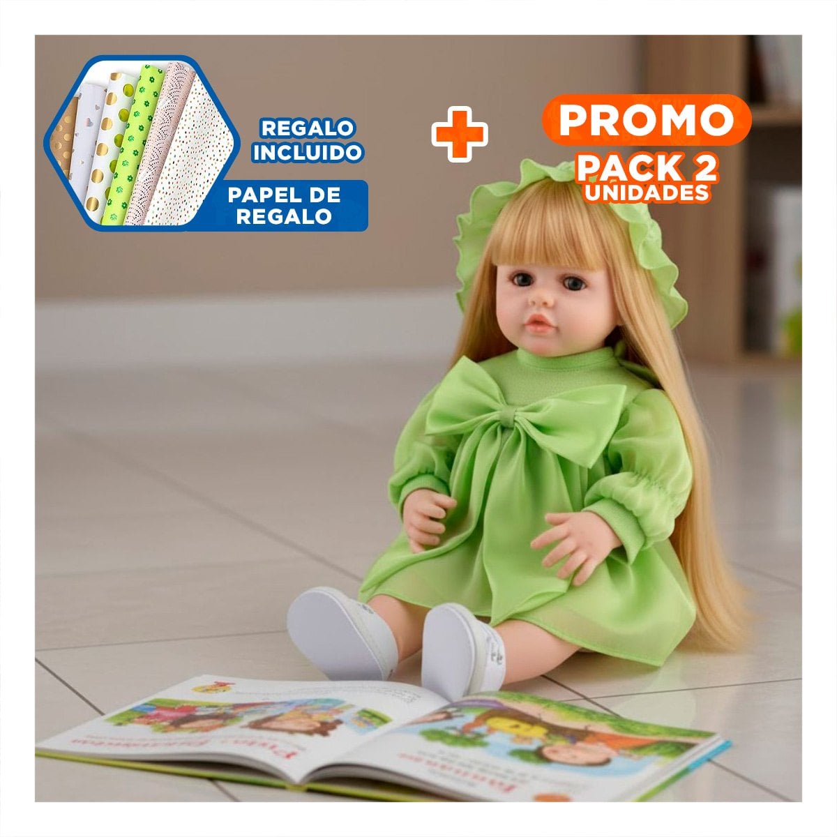 PACK2 BEBE INTELIGENTE CON VESTIDO SUAVE Y GORRO DE TULL VERDE 55CM Y+PAPEL REGALO - 1