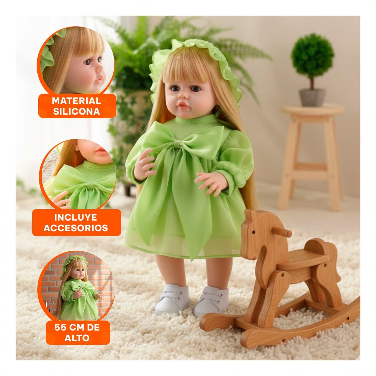 PACK2 BEBE INTELIGENTE CON VESTIDO SUAVE Y GORRO DE TULL VERDE 55CM Y+PAPEL REGALO - 5