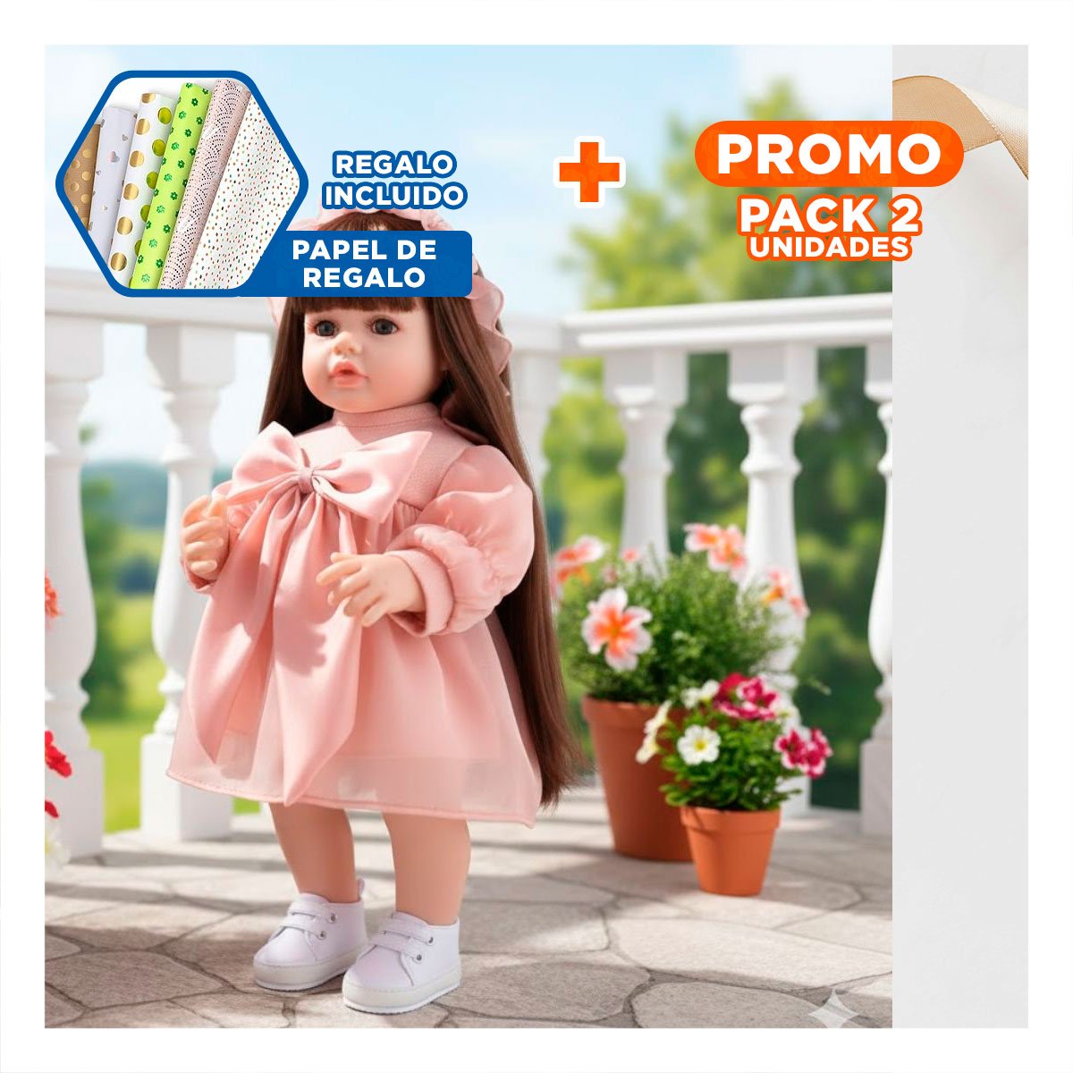 PACK2 MUÑECA BEBE REAL INTELIGENTE DE COMPAÑIA ROSADO 55CM Y+PAPEL REGALO - 1