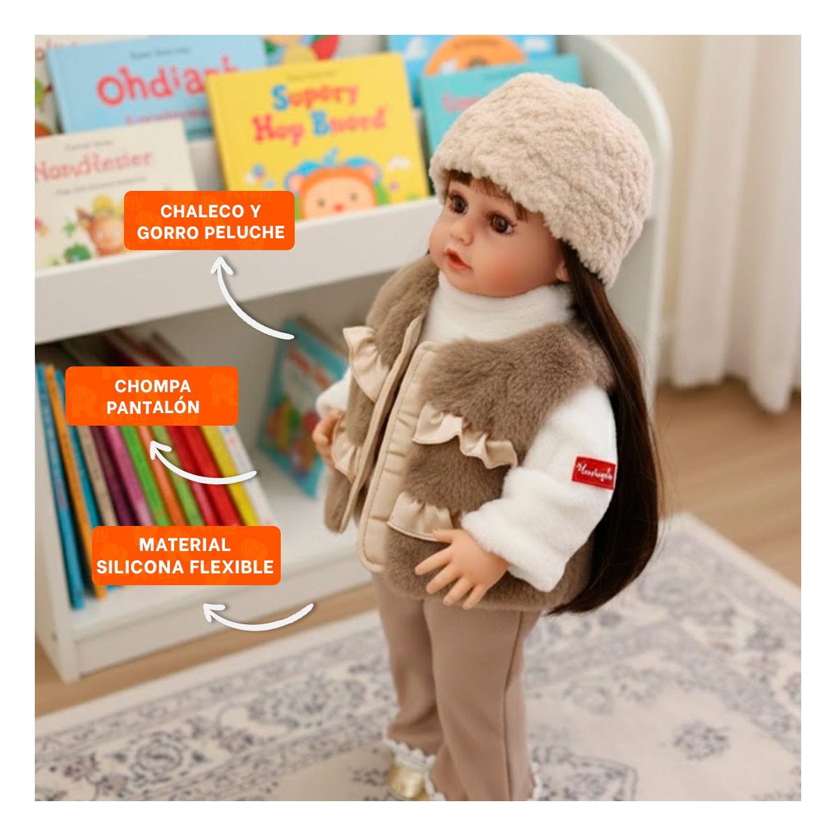 JUGUETE YESSY GRANDE PARA JUEGO DIARIO CON CHOMPA 55CM Y+REGALO STICKER - 5