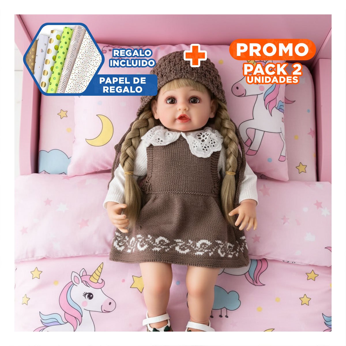 PACK2 PRENDA TEJIDA MARRON PARA BEBE CON VESTIDO ABRIGADOR Y+PAPEL REGALO - 1
