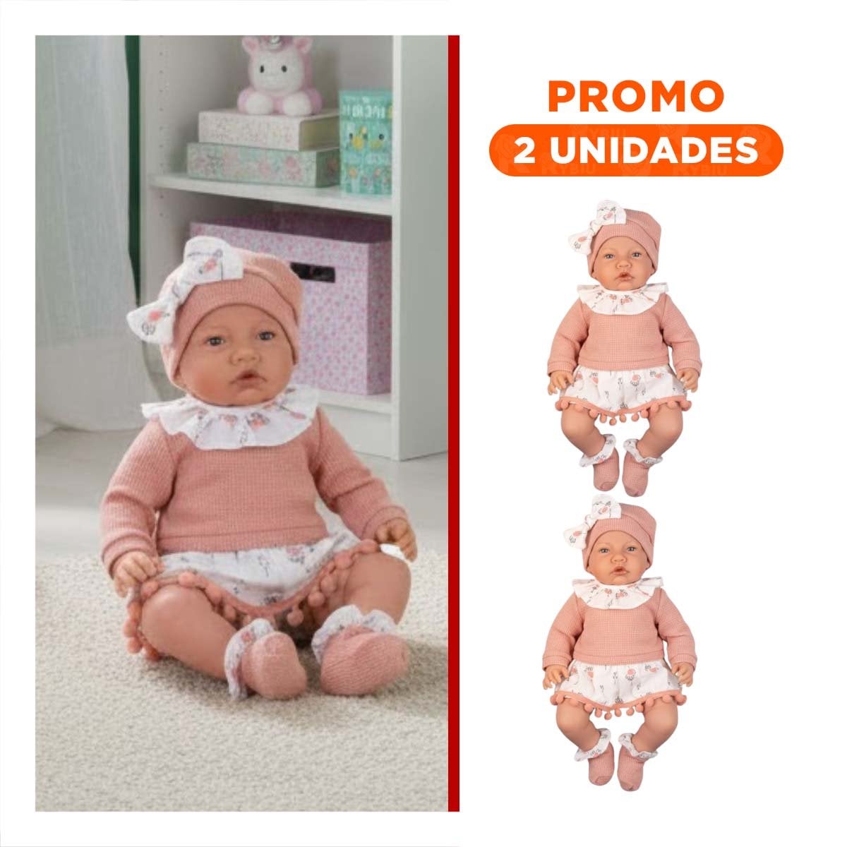 PACK2 FIGURA AMIGA KIKI BABY 42CM CON POLO SHORT Y GORRO ROSADO INFANTIL - 1