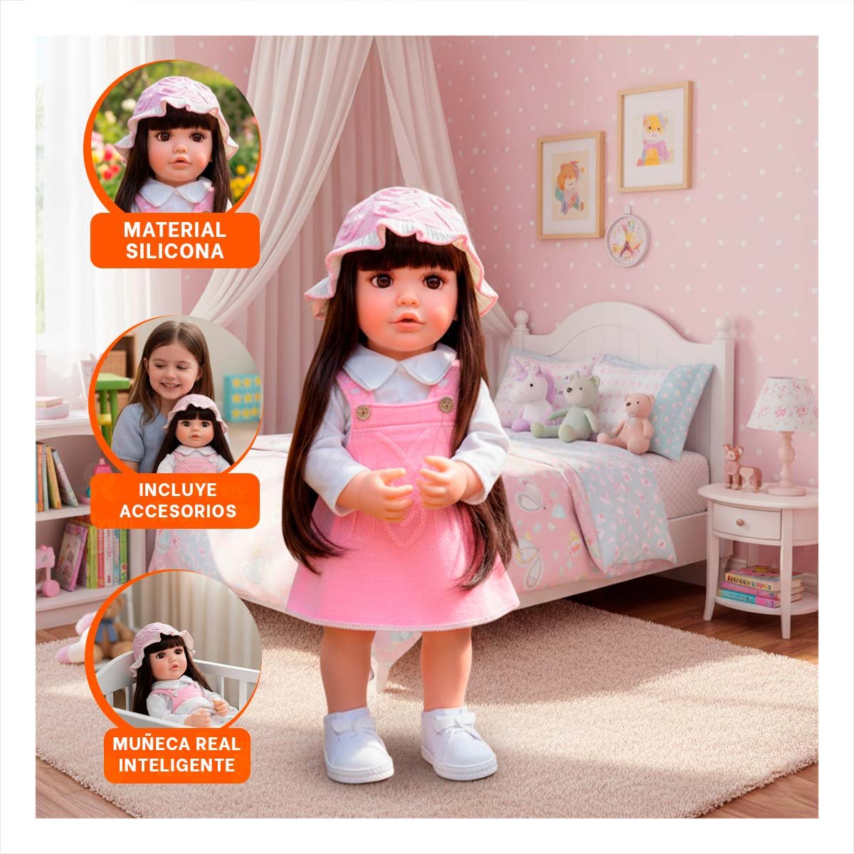 BEBE INTERACTIVO REALISTA PARA JUEGO AFECTIVO CON ROPA OVEROL ROSADO 55CM Y+PAPEL REGALO - 5