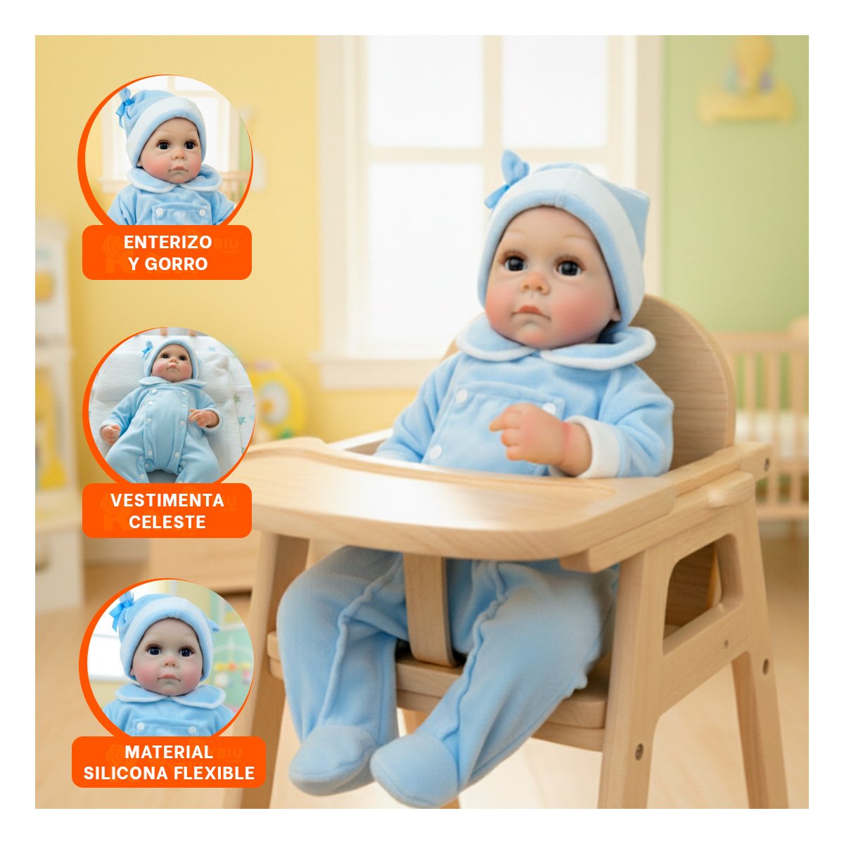 COMPANERA REALISTA DE BEBE CON ROPA ABRIGADORA Y GORRO CELESTE PARA JUEGO Y+PAPEL REGALO - 3