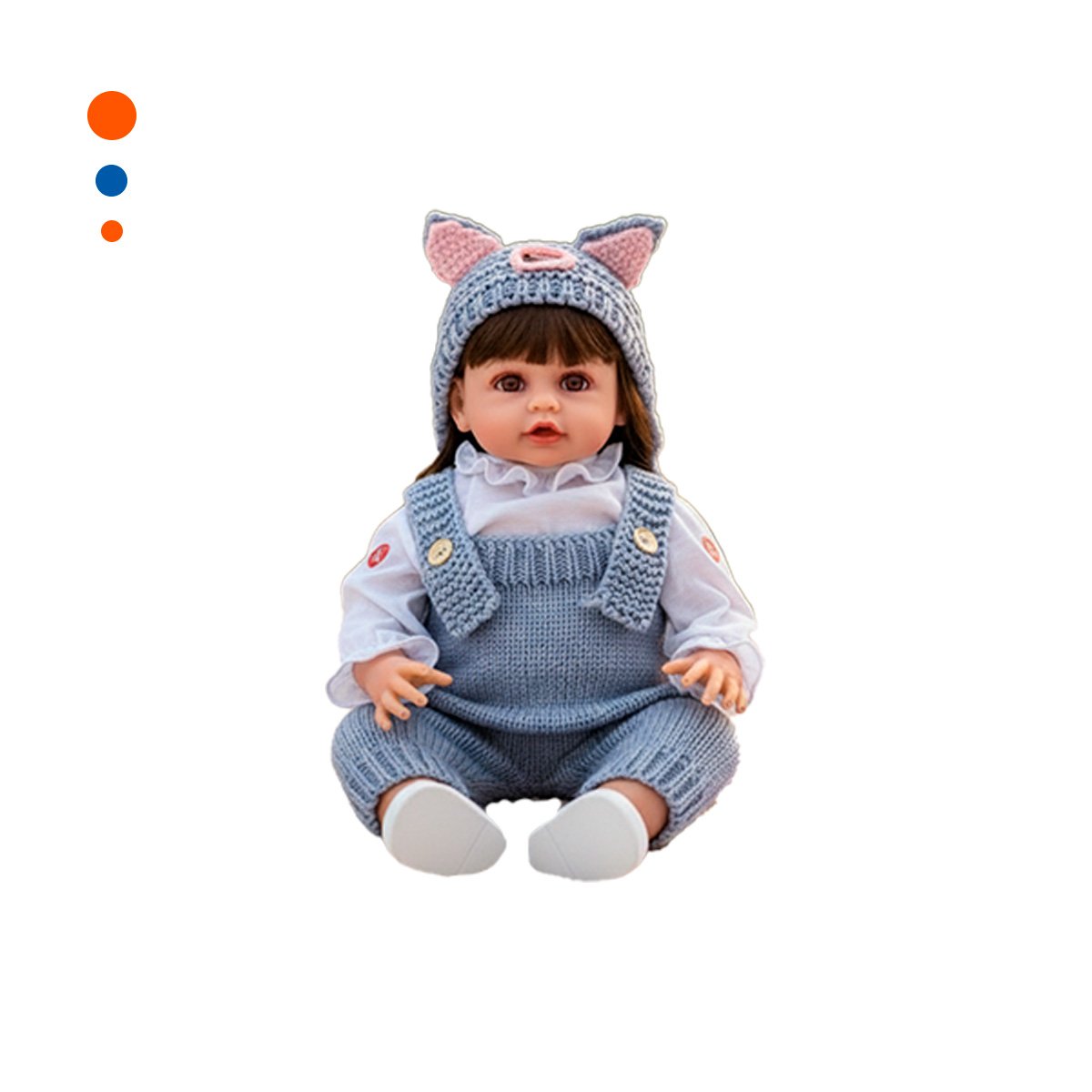TIERNA MUNECA YESSY 55CM CON OVEROL Y GORRO OREJITAS TEJIDO CELESTE LINDA Y+PAPEL REGALO - 1