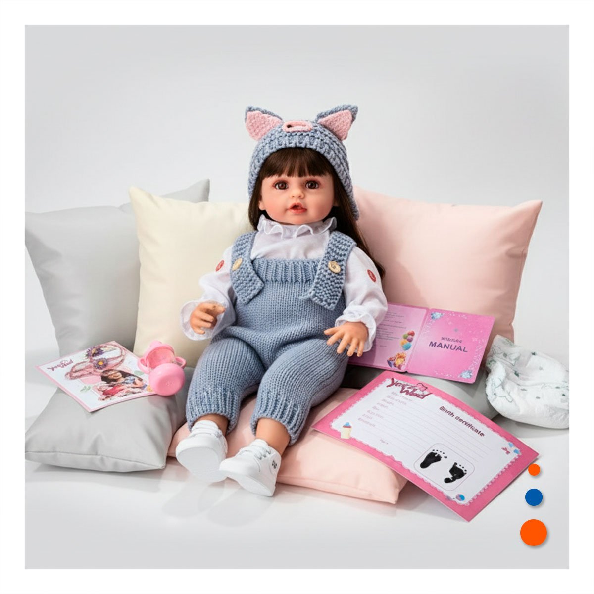 TIERNA MUNECA YESSY 55CM CON OVEROL Y GORRO OREJITAS TEJIDO CELESTE LINDA Y+PAPEL REGALO - 2