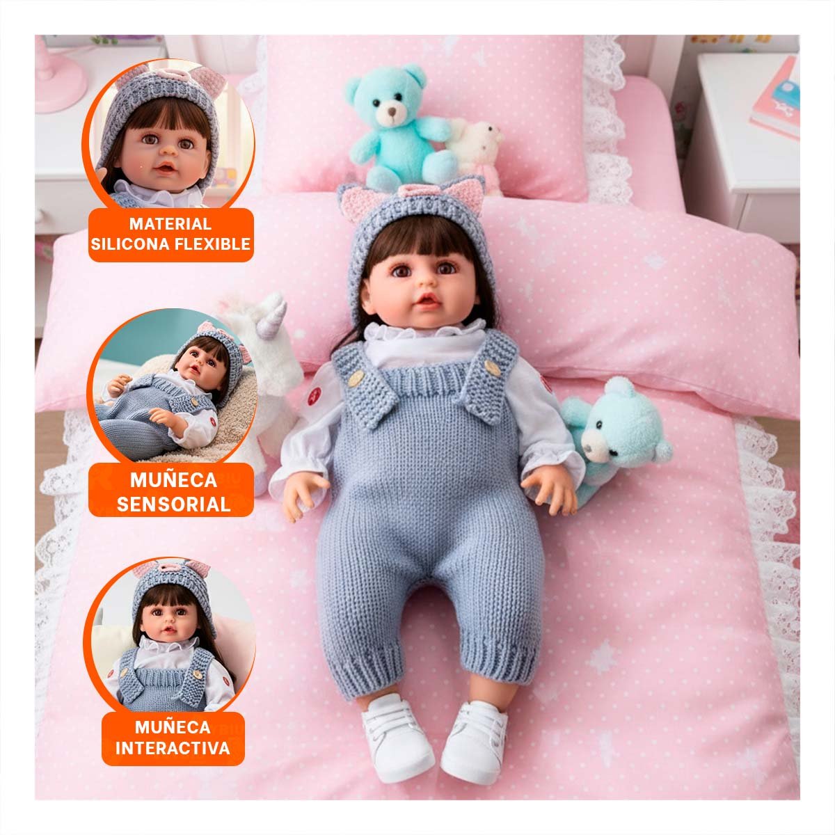 TIERNA MUNECA YESSY 55CM CON OVEROL Y GORRO OREJITAS TEJIDO CELESTE LINDA Y+PAPEL REGALO - 5