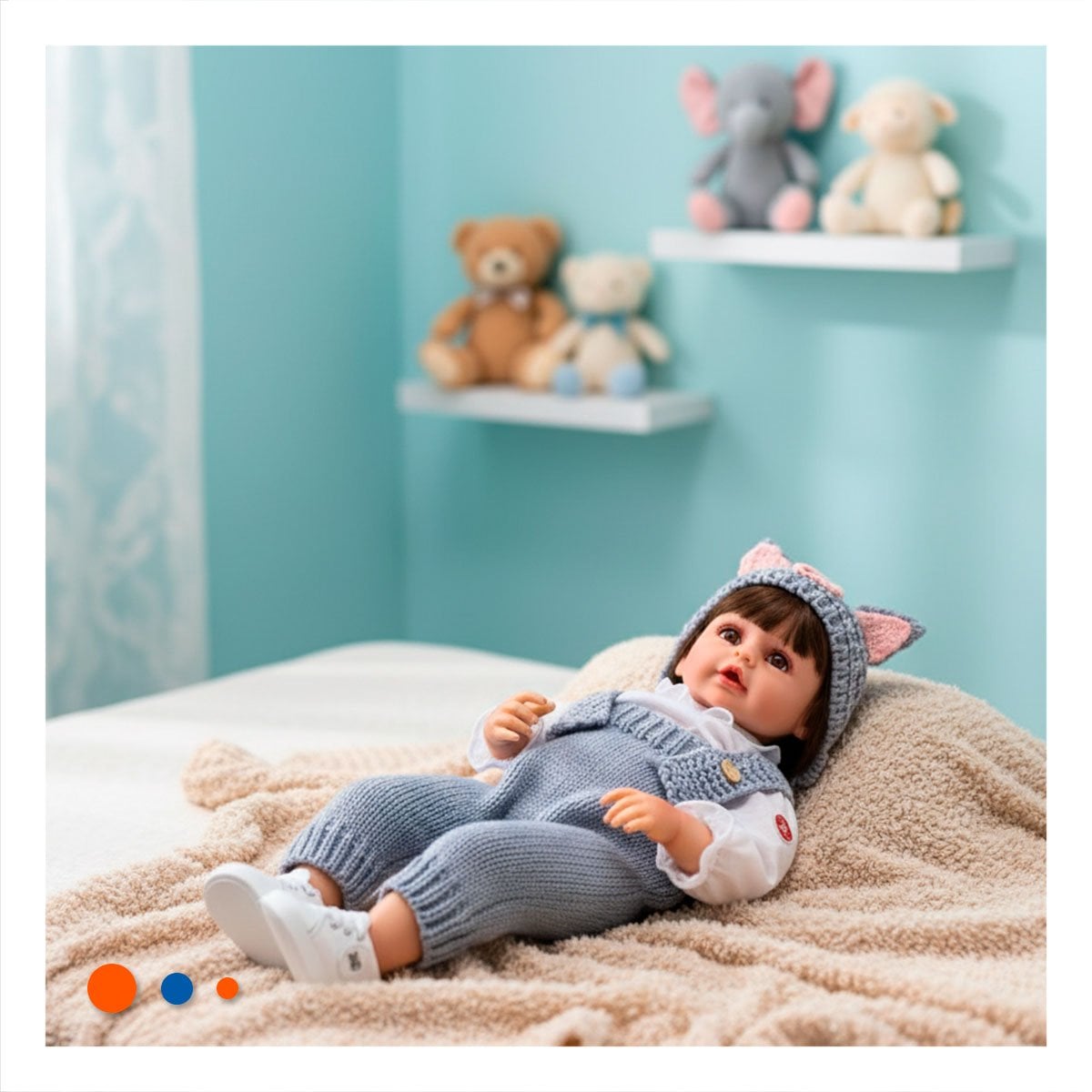 TIERNA COMPANERA YESSY 55CM CELESTE CON OVEROL TEJIDO Y GORRO OREJITAS Y+REGALO STICKER - 2