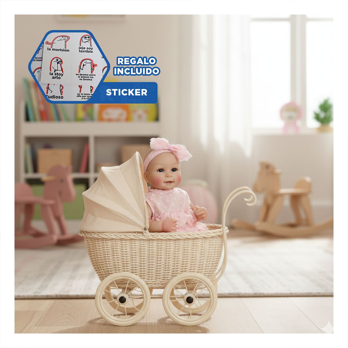 COMPANERA INFANTIL REALISTA CON VESTIDO ROSADO VUELOS Y VINCHA PUNTITOS Y+REGALO STICKER - 1