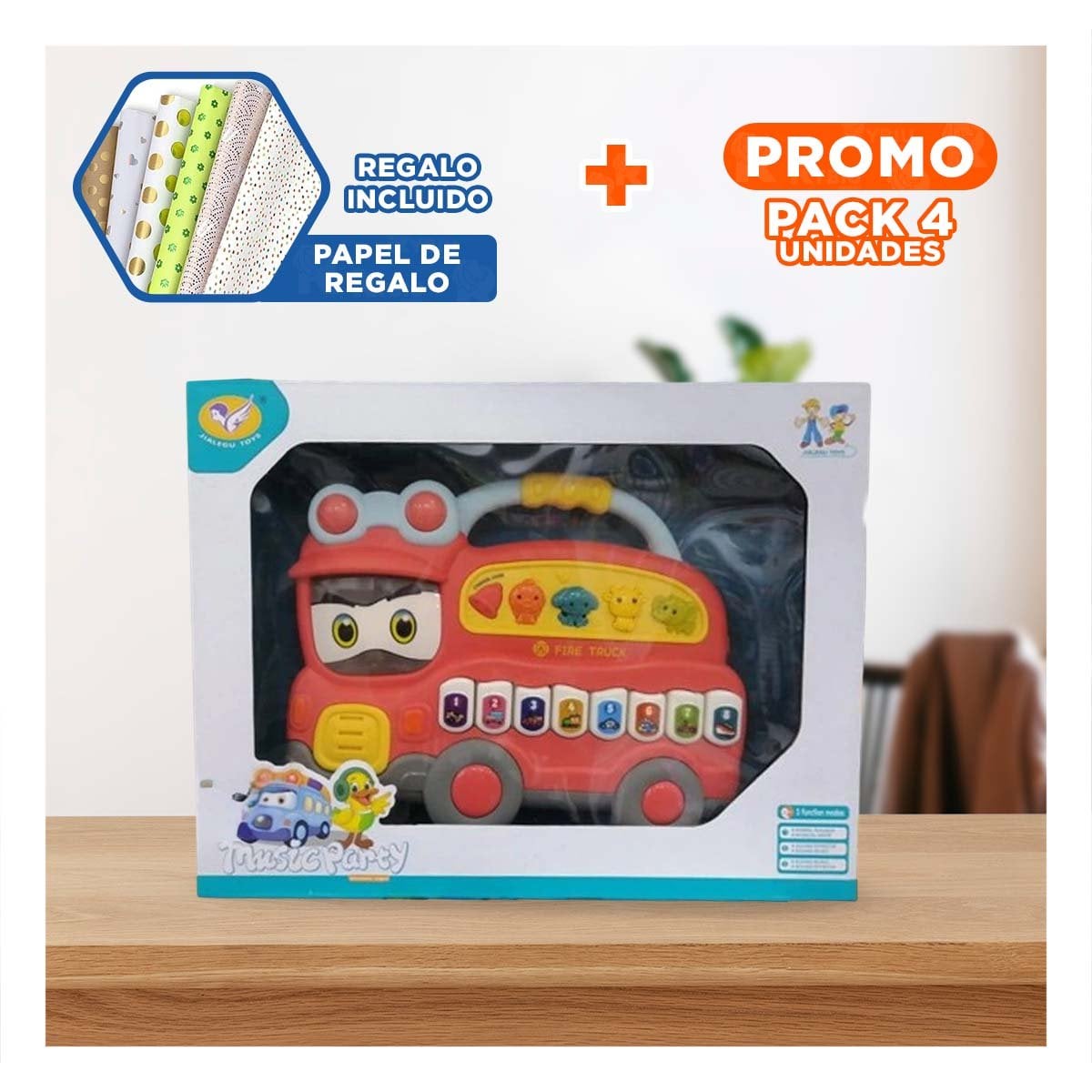 PACK4 BASE SONORA CAMION DE BOMBEROS CON MELODIAS MUSICALES PARA CASA ROJO Y+PAPEL REGALO - 1