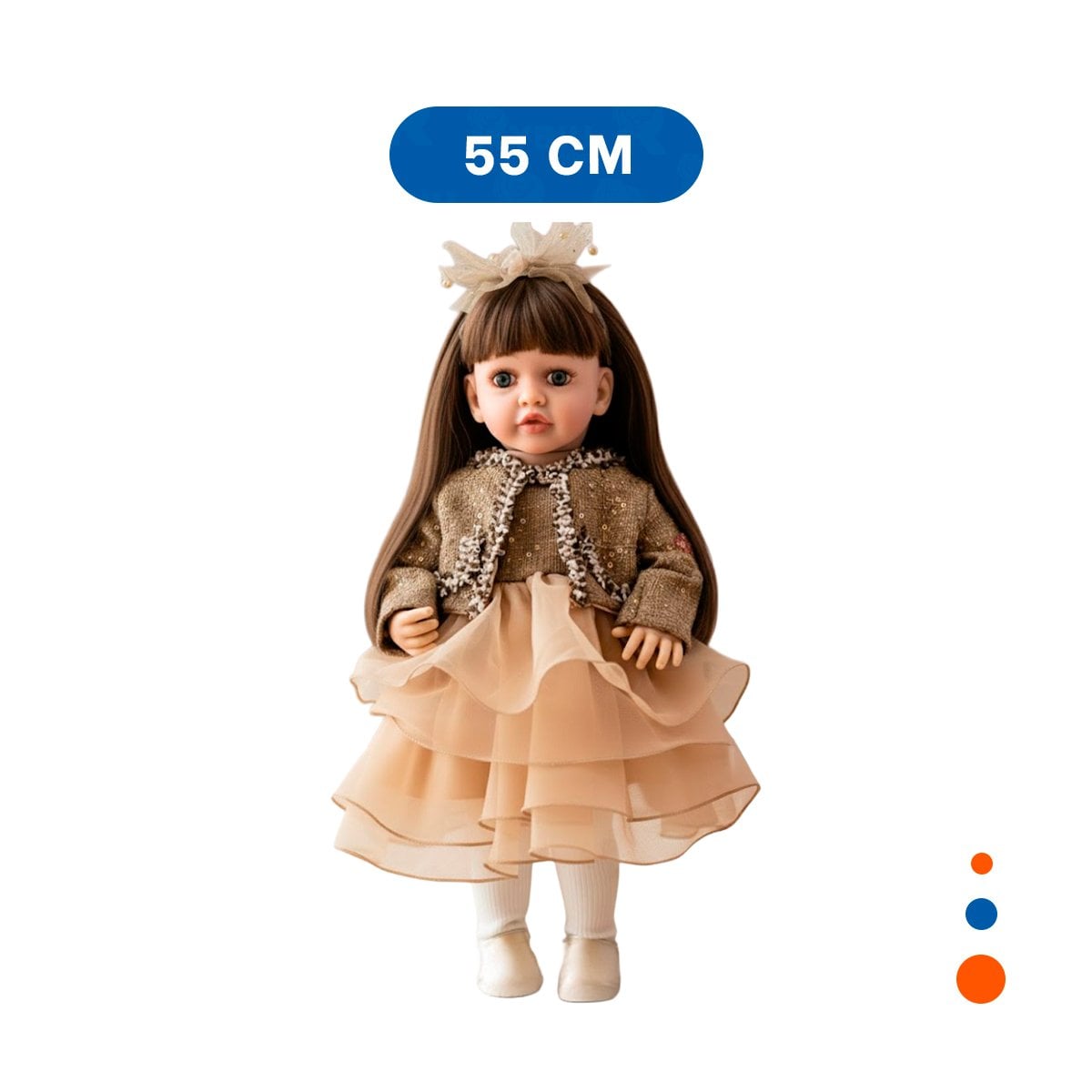 BEBE YESSY CON VESTIMENTA MARRON VESTIDO CAPAS TULL Y CHOMPA ESTILO 55CM Y+PAPEL REGALO - 4