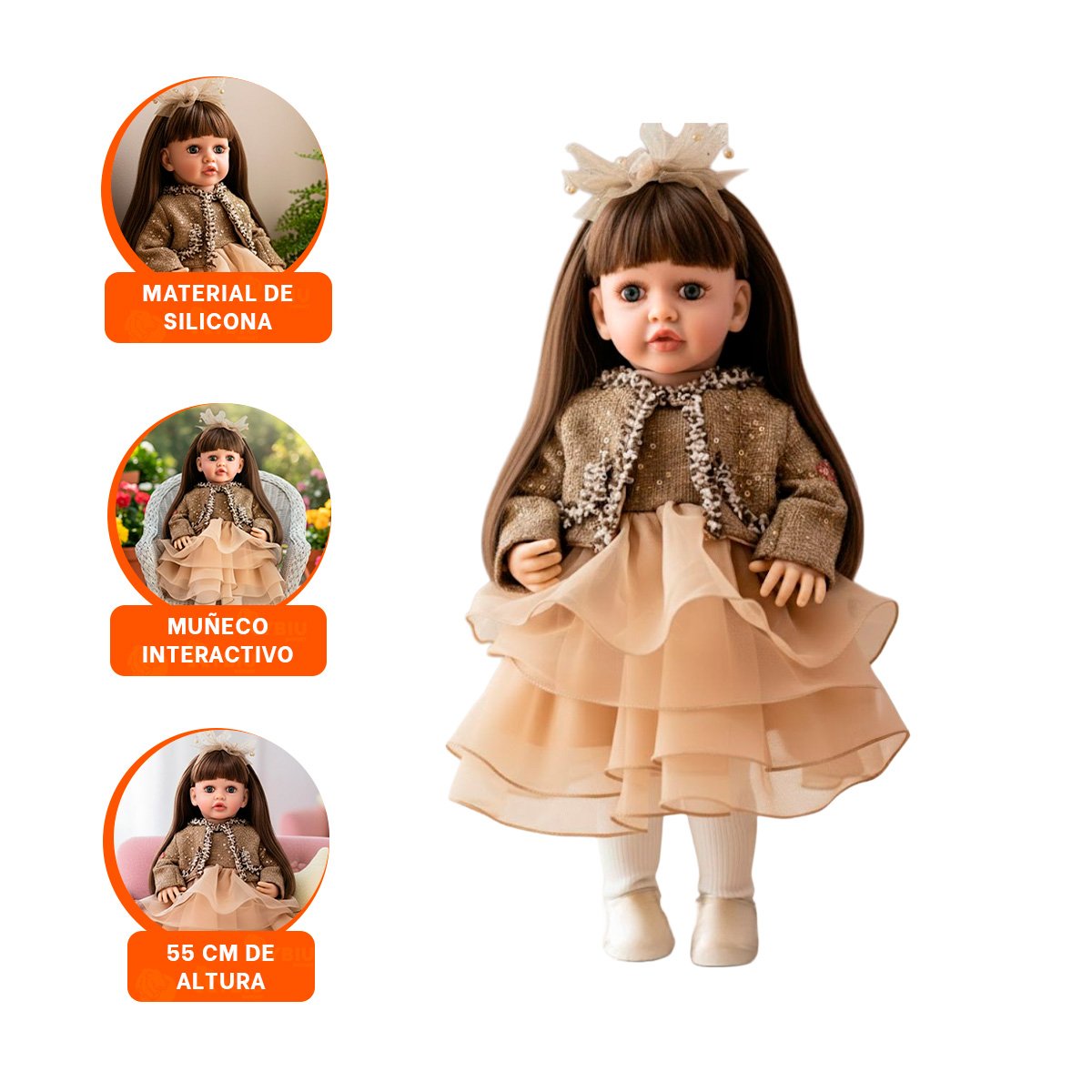 BEBE YESSY 55CM CON VESTIDO CAPAS TULL CHOMPA Y VINCHA MARRON ROPA INFANTIL - 3