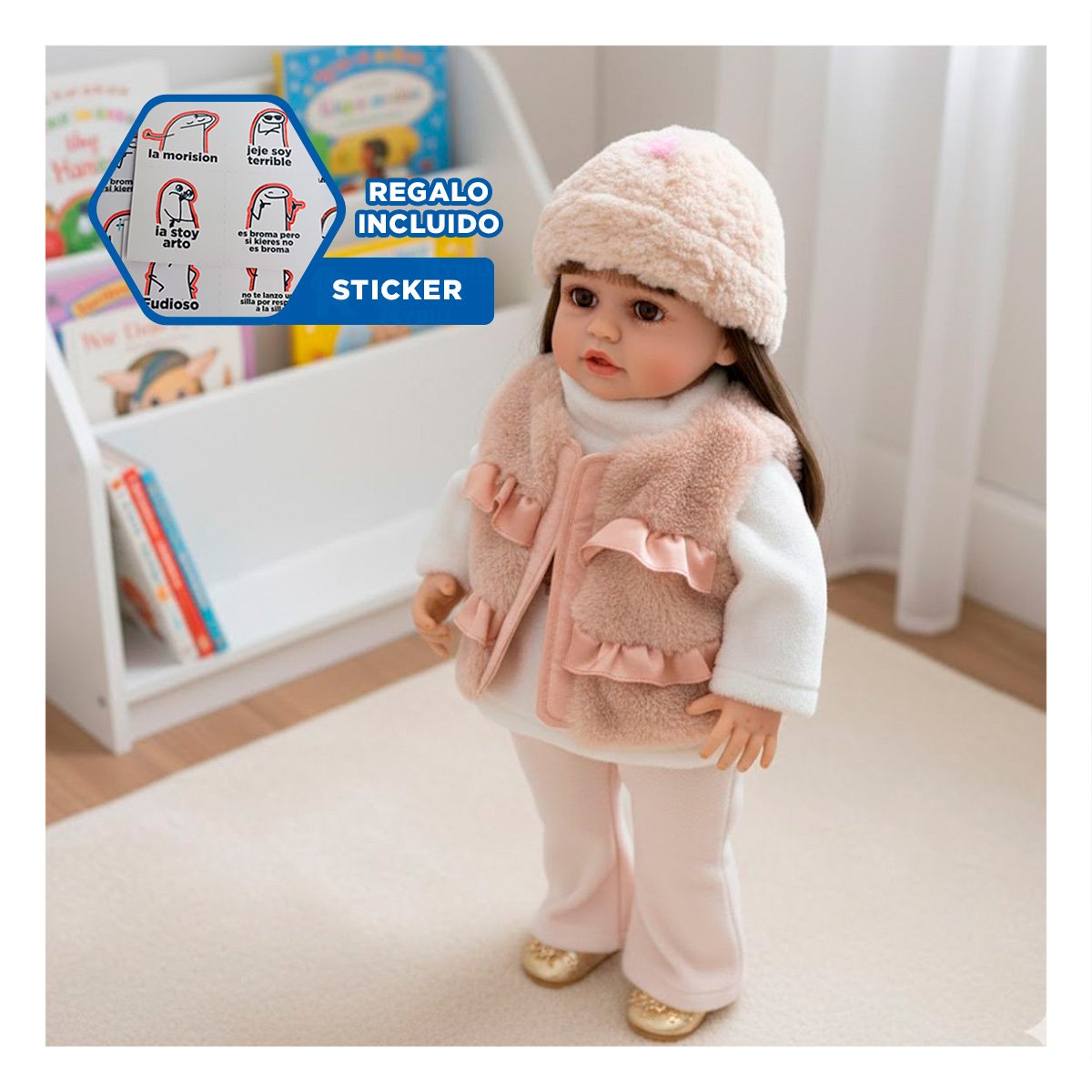 MODELO YESSY 55CM ESTILO INFANTIL CON IMAGEN DULCE Y VESTIMENTA BEIGE Y+REGALO STICKER - 1