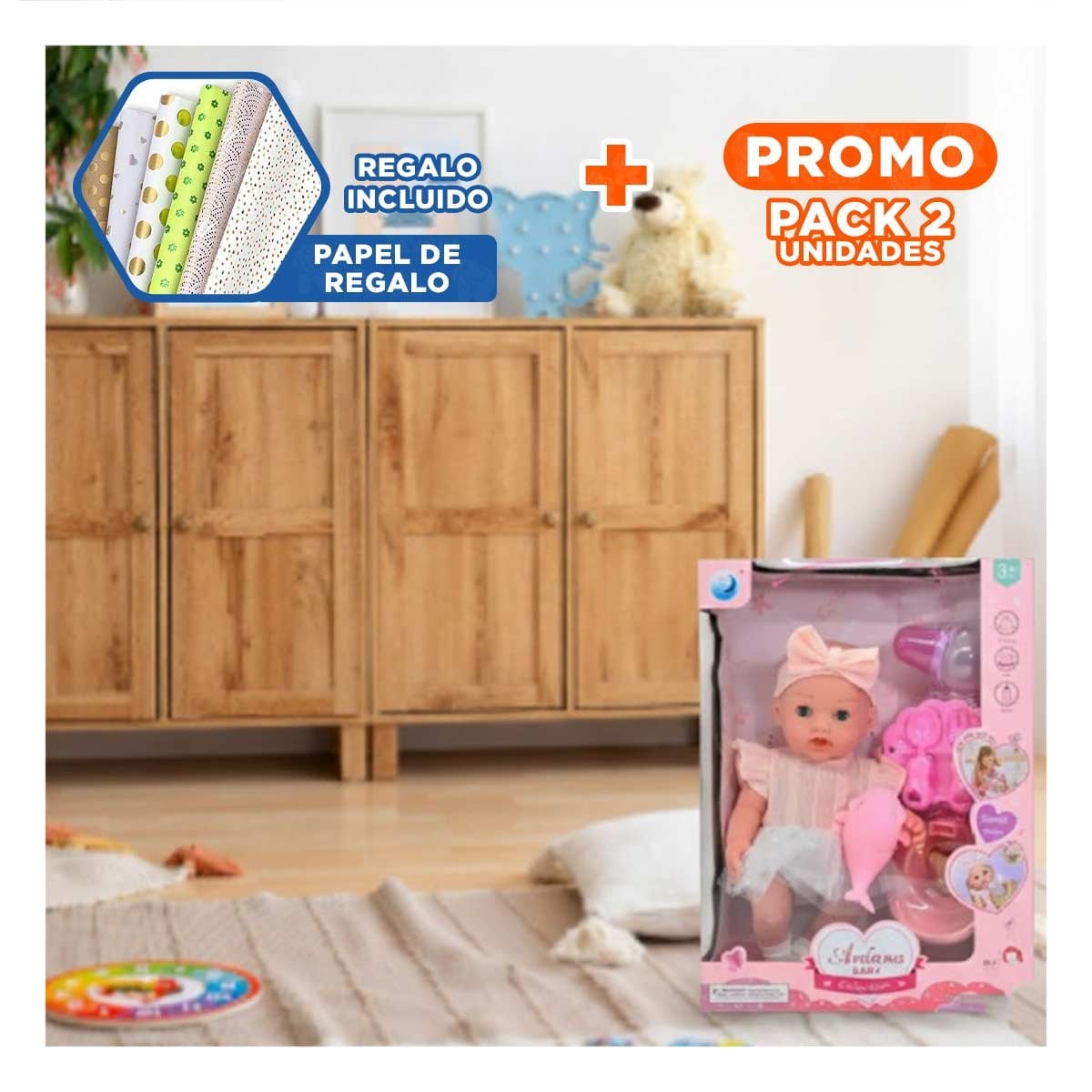 PACK2 MUNECO DE COLECCION CON VESTIDO Y LAZO ACCESORIOS ROSADO PARA JUEGO Y+PAPEL REGALO - 1
