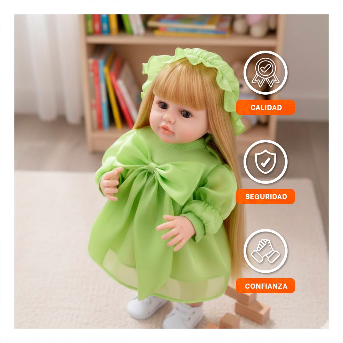 MODELO REAL INTELIGENTE INTERACTIVO VESTIDO LAZO Y GORRO DE TULL VERDE 55CM Y+LIGAS REGALO - 2