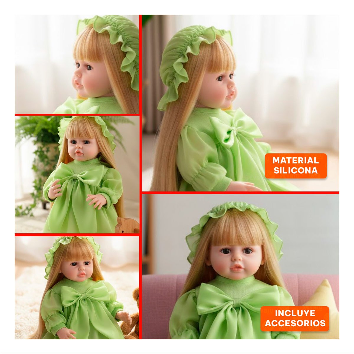 MODELO REAL INTELIGENTE INTERACTIVO VESTIDO LAZO Y GORRO DE TULL VERDE 55CM Y+LIGAS REGALO - 5