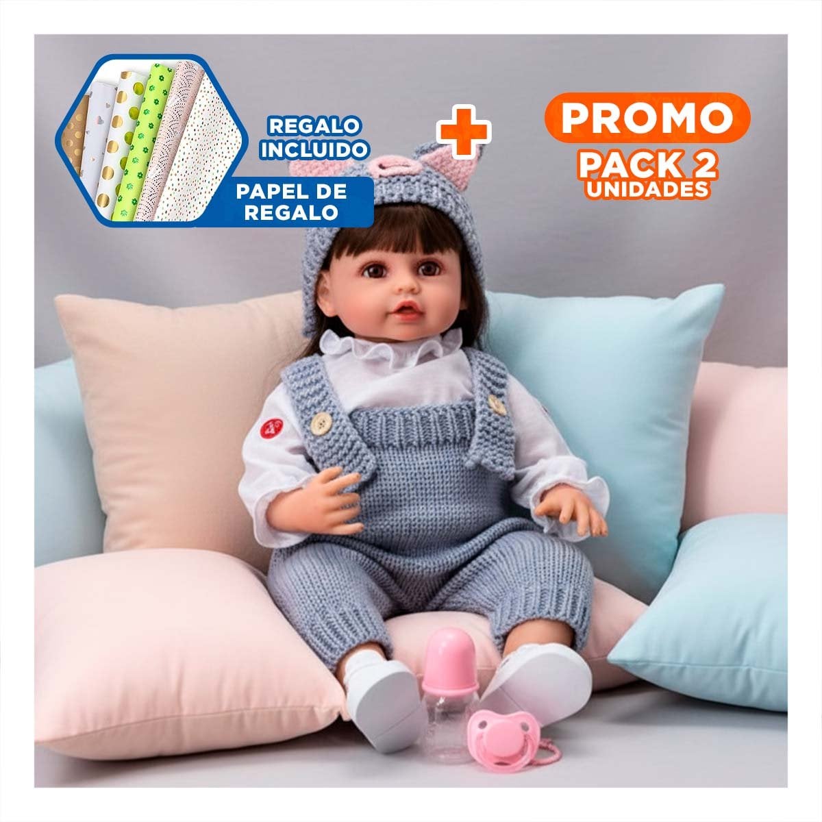 PACK2 ENCANTADORA COMPANERA YESSY 55CM CELESTE CON OVEROL Y GORRO OREJITAS Y+PAPEL REGALO - 1