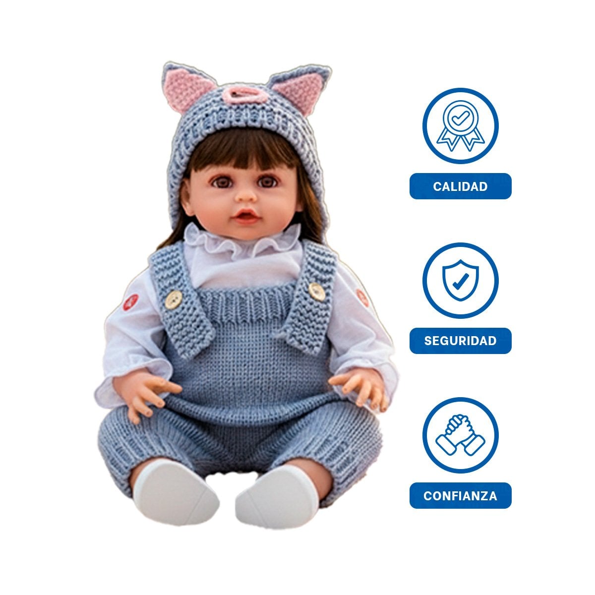 TIERNA FIGURA YESSY 55CM CON OVEROL Y GORRO OREJITAS TEJIDO CELESTE Y+LIGAS REGALO - 3