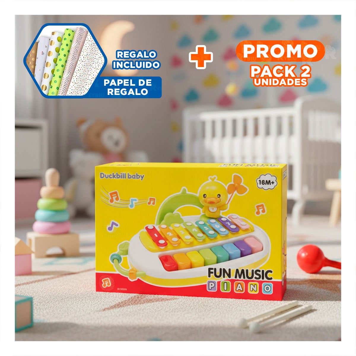 PACK2 PROPUESTA MUSICAL XILOFONO CON PATO PARA APRENDIZAJE TEMPRANO Y+PAPEL REGALO - 1