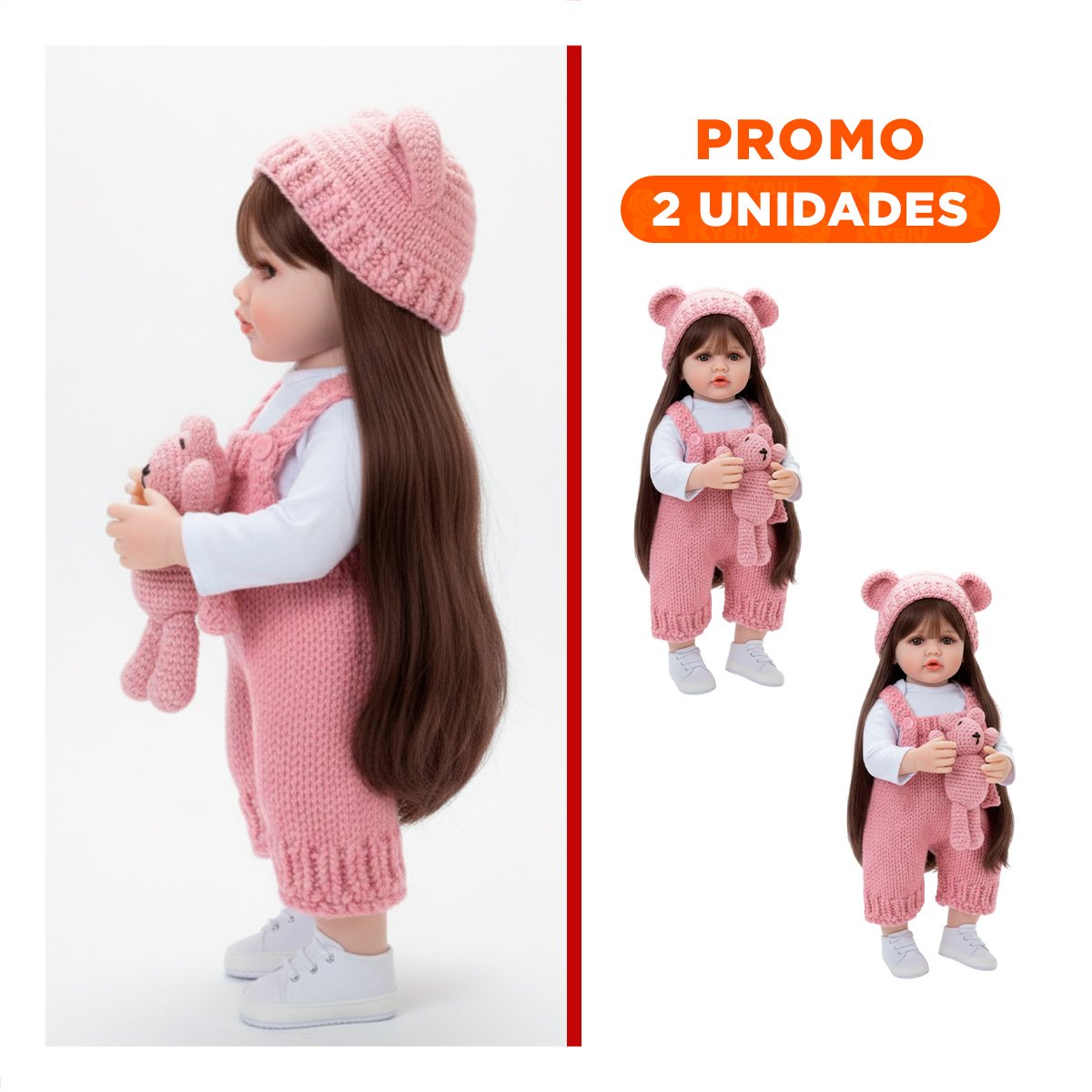 PACK2 MODELO MUÑECA SUAVE CON OVEROL TEJIDO Y GORRO EN 55CM ROSADO - 1