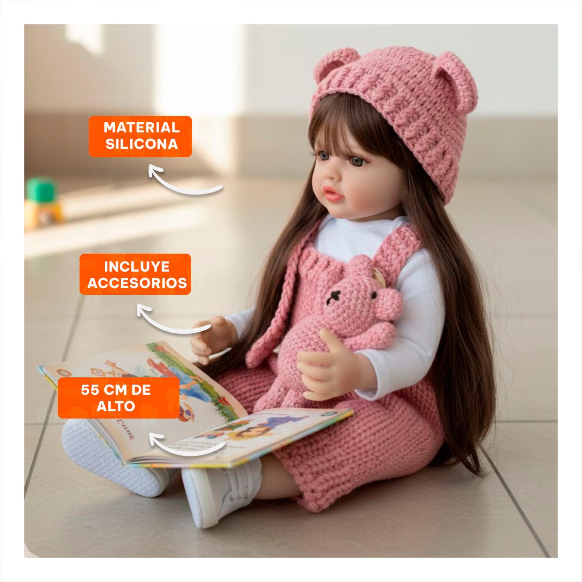 PACK2 MODELO MUÑECA SUAVE CON OVEROL TEJIDO Y GORRO EN 55CM ROSADO - 5