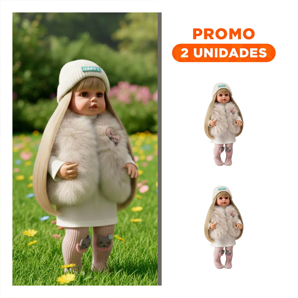 PACK2 NENA YESSY CON CHALECO DE PELUCHE VESTIDOS PANTIS Y GORRO BLANCO 55CM - 1