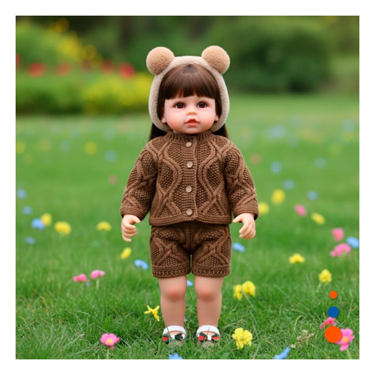 FIGURA YESSY MUNECA CON CONJUNTO TEJIDO CHOMPA SHORT MARRON NINA 55CM Y+REGALO STICKER - 2
