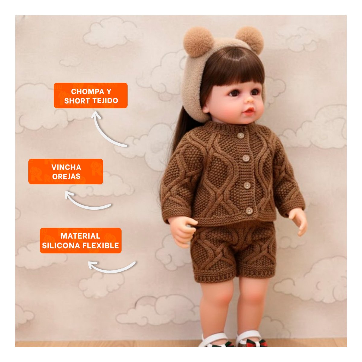 FIGURA YESSY MUNECA CON CONJUNTO TEJIDO CHOMPA SHORT MARRON NINA 55CM Y+REGALO STICKER - 5