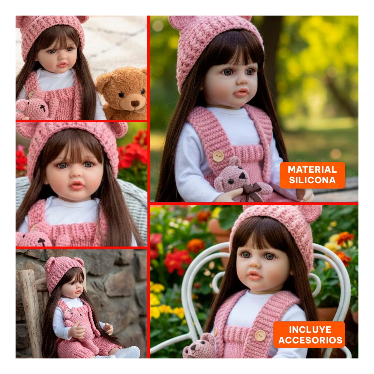 BEBE REAL INTELIGENTE INFANTIL CON ROPA TEJIDA Y GORRO OREJITAS EN 55CM ROSADO Y+POST IT - 1