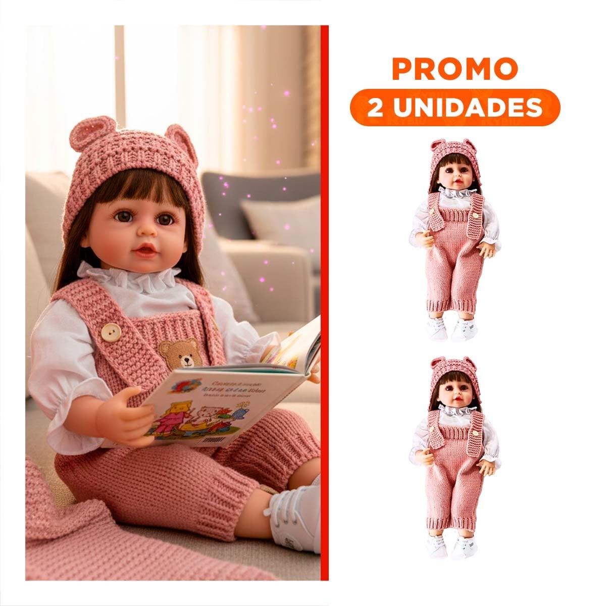 PACK2 NENA YESSY CON VESTIMENTA TEJIDA Y GORRO OREJITAS ROSADO DE 55CM APARIENCIA DULCE - 1