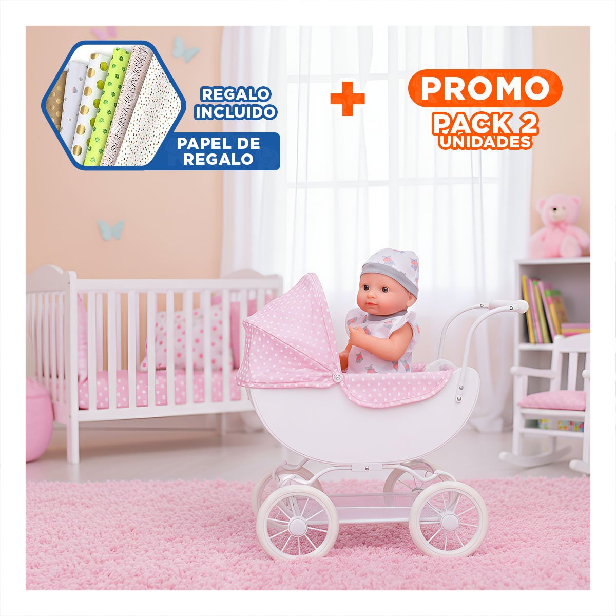 PACK2 MUÑECA DECORATIVA HIPOPOTAMO CON ROPITA Y ACCESORIOS SUAVES PARA BEBES Y+PAPEL REGALO - 1