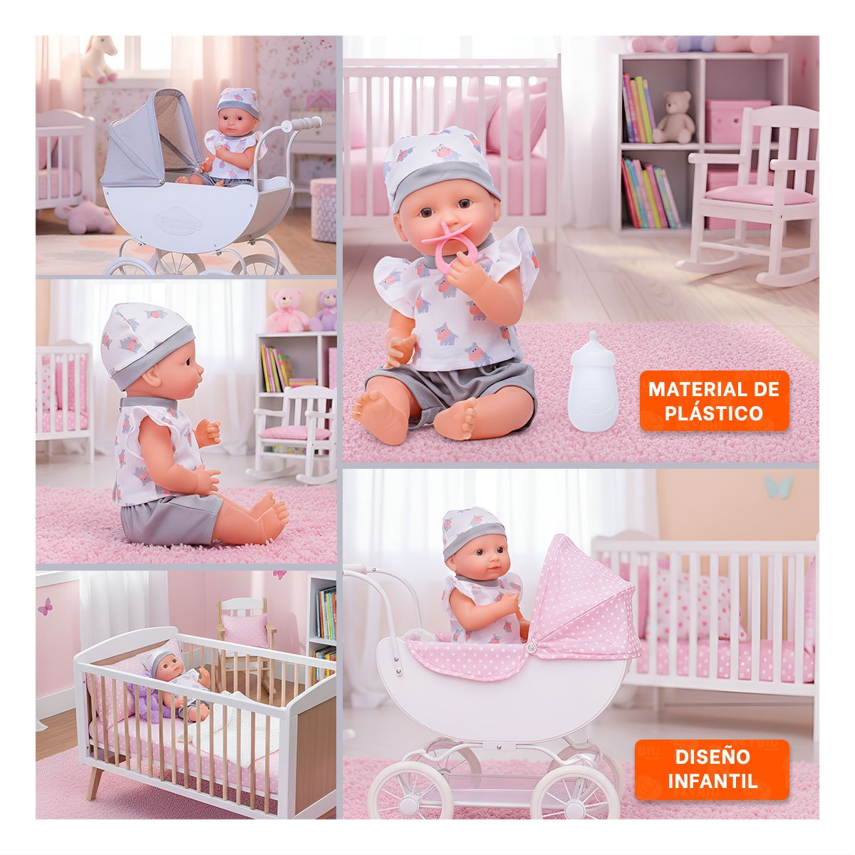 PACK2 MUÑECA DECORATIVA HIPOPOTAMO CON ROPITA Y ACCESORIOS SUAVES PARA BEBES Y+PAPEL REGALO - 3