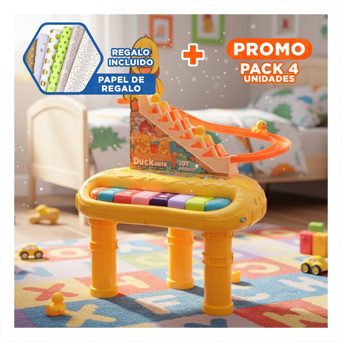 PACK4 JUEGO DIDACTICO PATO 2 EN 1 CON TOBOGAN DE PATITOS PARA NINOS AMARILLO Y+PAPEL REGALO - 1
