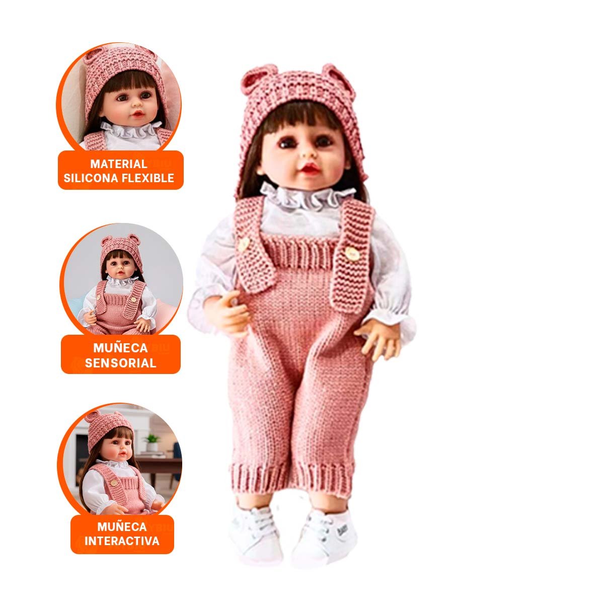 FIGURA YESSY CON OVEROL TEJIDO Y GORRO OREJITAS ROSADO DE 55CM RASGOS DULCES - 3