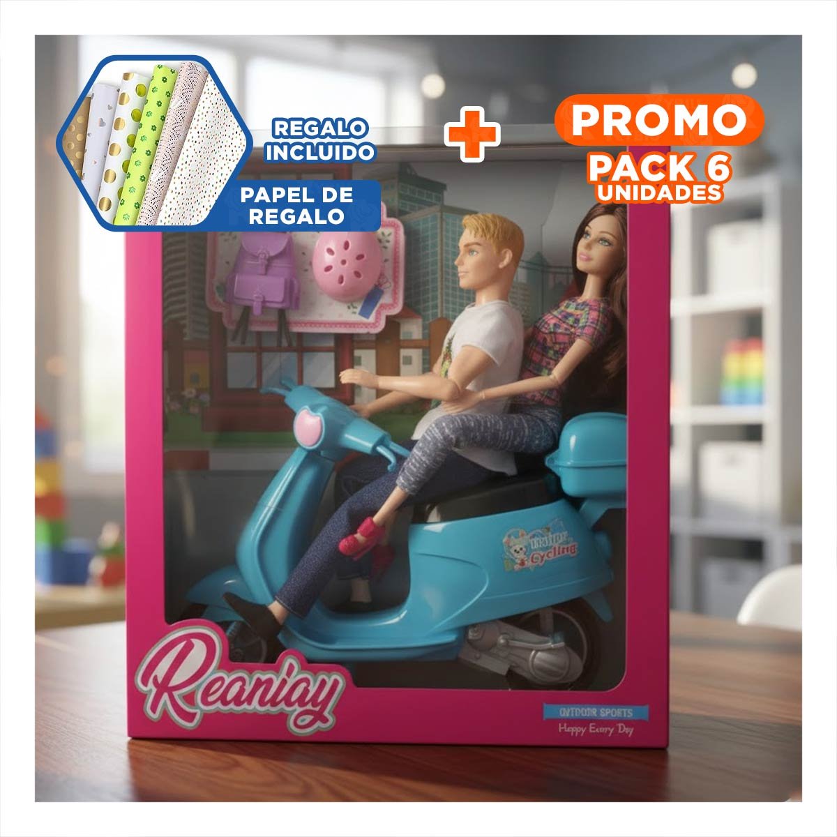 PACK6 CONCEPTOS DECORATIVOS PAREJA EN MOTO CON MOCHILA Y CASCO CELESTE HOGAR Y+PAPEL REGALO - 1