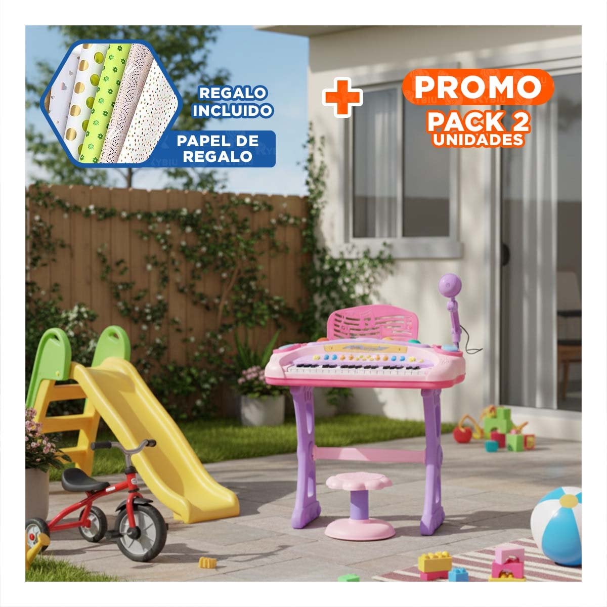 PACK2 OPCION MUSICAL INFANTIL PIANO CON MICROFONO Y SILLA ROSADO APRENDIZAJE Y+PAPEL REGALO - 1