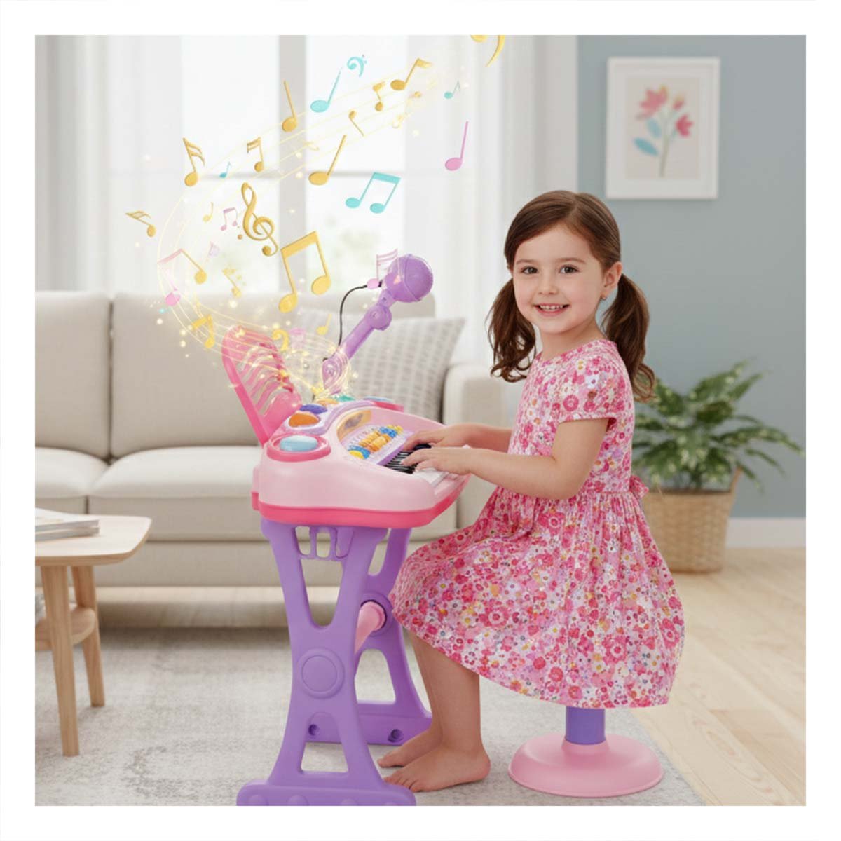 PACK2 OPCION MUSICAL INFANTIL PIANO CON MICROFONO Y SILLA ROSADO APRENDIZAJE Y+PAPEL REGALO - 5